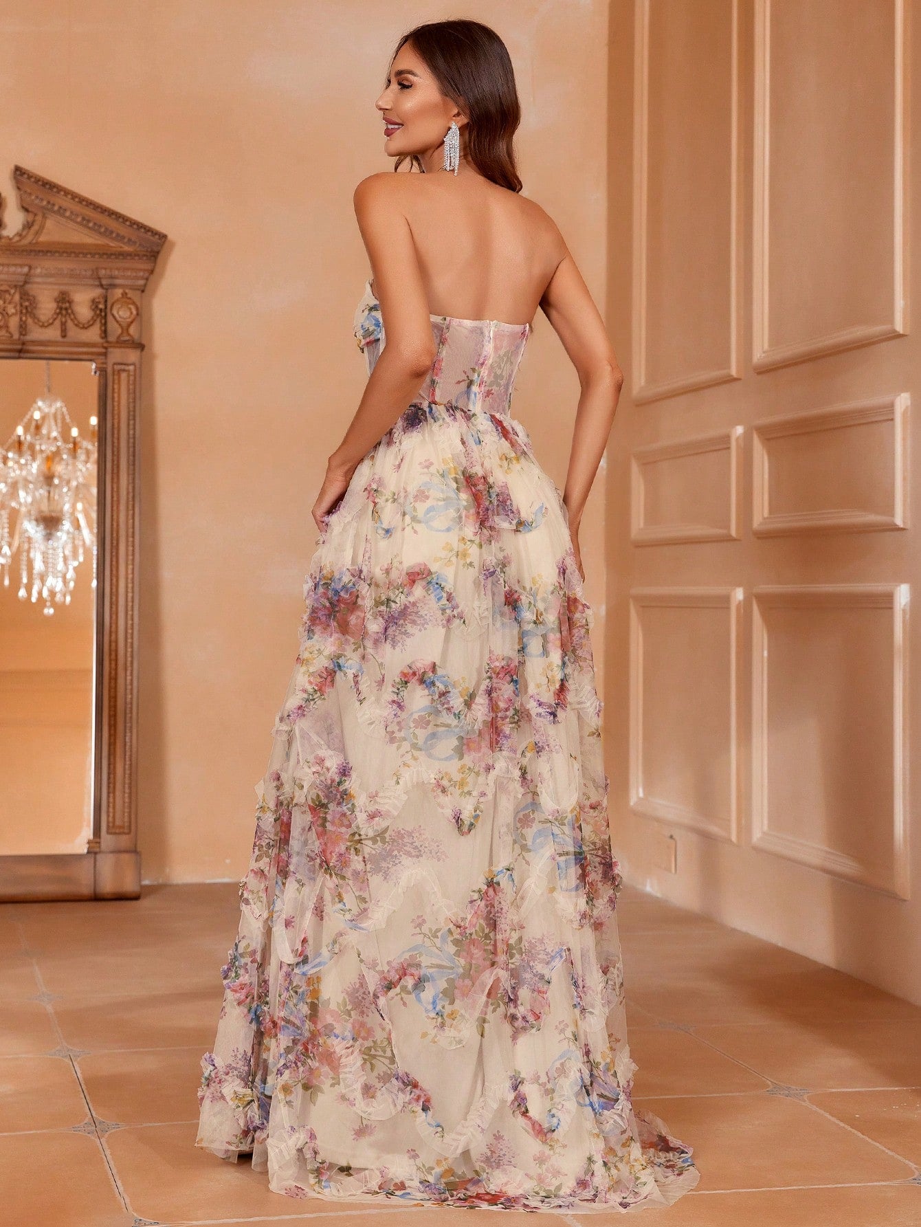 Exquisite Elegance: Floral Appliqué Mesh Strapless Formal Dress