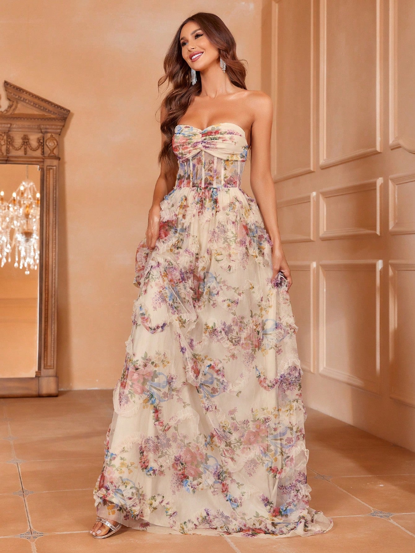 Exquisite Elegance: Floral Appliqué Mesh Strapless Formal Dress