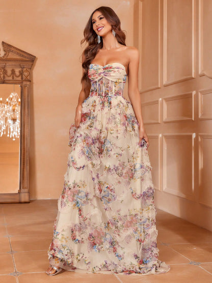 Exquisite Elegance: Floral Appliqué Mesh Strapless Formal Dress