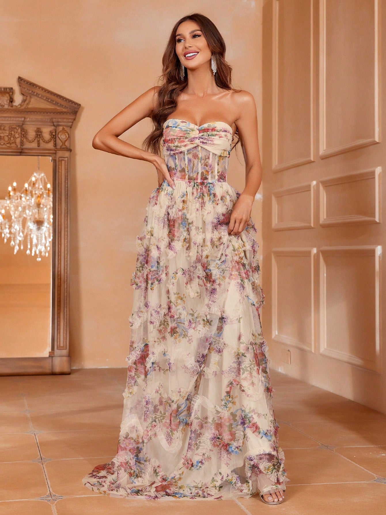 Exquisite Elegance: Floral Appliqué Mesh Strapless Formal Dress