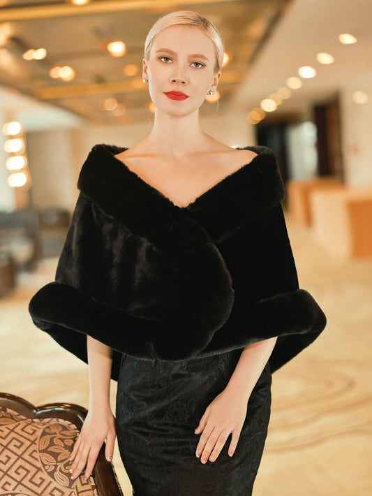 Elegant Timeless Black Soft  Faux Fur Shawl Wrap - Free Shipping