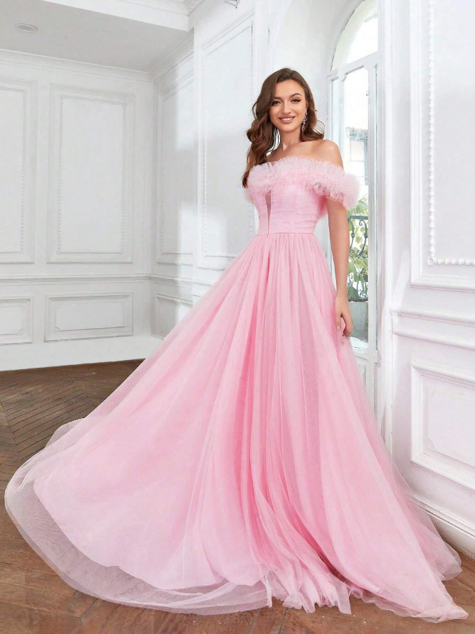 Romantic Off-Shoulder Mesh Gown with Ruffled Tulle Detailing