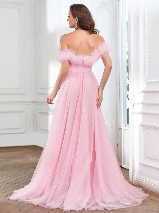 Romantic Off-Shoulder Mesh Gown with Ruffled Tulle Detailing