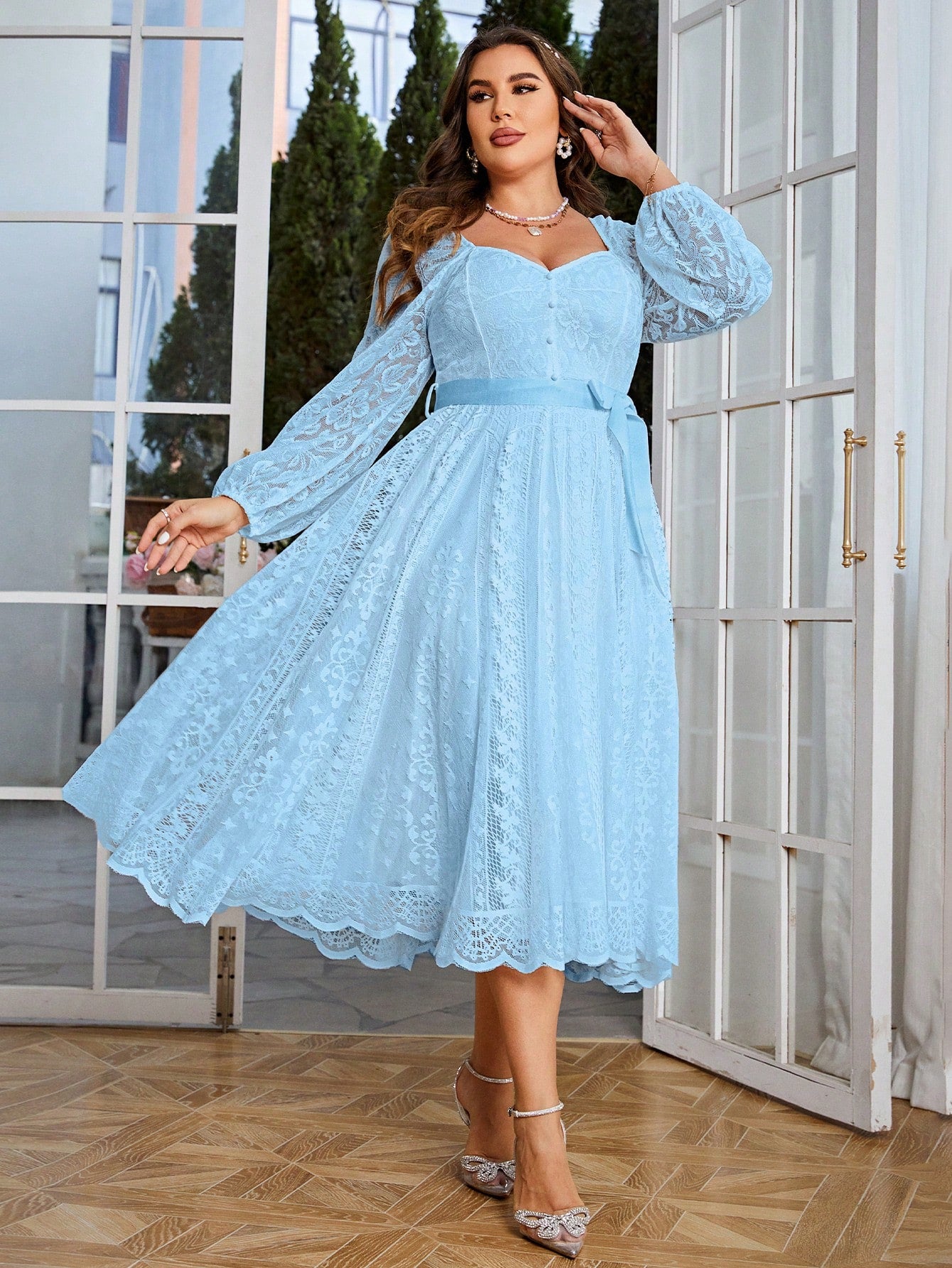 Plus Size Elegant Sweetheart Neck Lace Lantern Sleeve Belted Waist Fit & Flare Dress