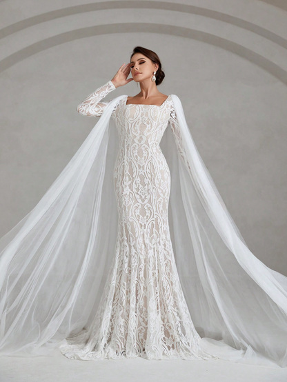 Enchanting Elegance: Square Neck Low Open Back Floor-Length Lace Wedding Dress