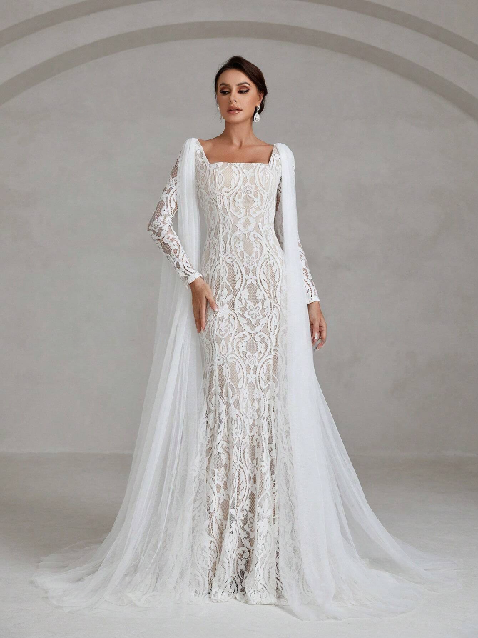 Enchanting Elegance: Square Neck Low Open Back Floor-Length Lace Wedding Dress