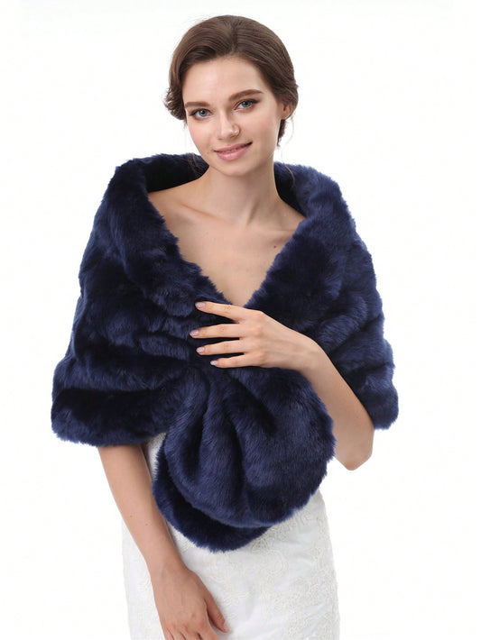 Chic Navy Blue Soft Thick Faux Fur Shawl Wrap - Free Shipping