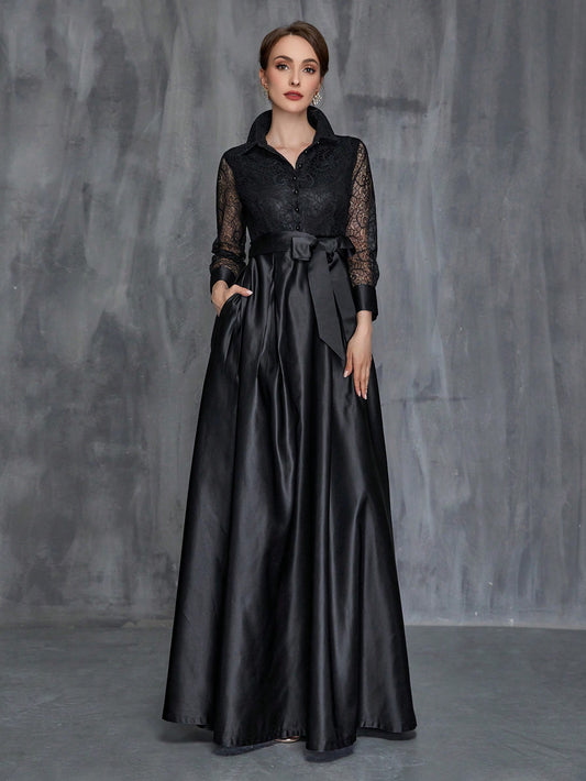 Elegant Black Lace Long Sleeves Belted Maxi Dress - Free Shipping