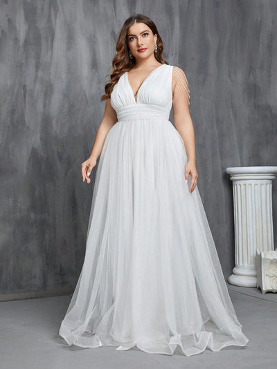 Elegant Plus Size Flowy Plunging Neckline Tulle Full Length Maxi Dress-Free Shipping