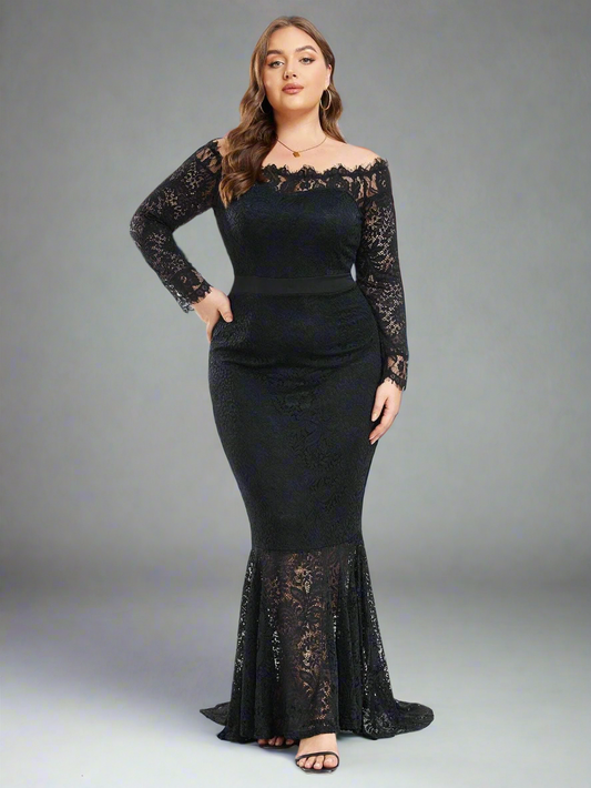 Elegant Plus Size Black Off-Shoulder Lace Mermaid Dress - Free Shipping