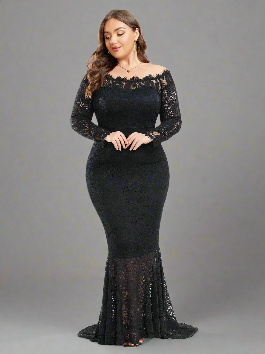 Elegant Plus Size White Off-Shoulder Lace Mermaid Dress - Free Shipping