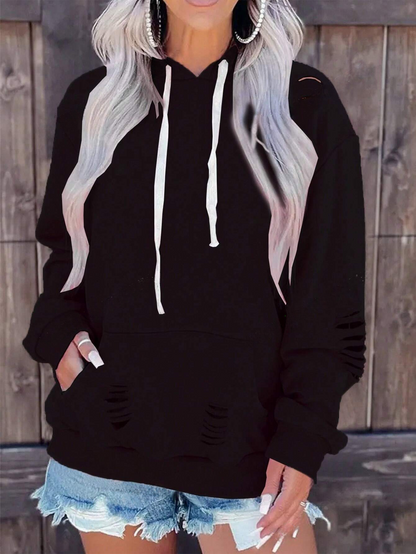 Trendy Plus Size Ripped Hoodie Drop Shoulder Kangaroo Pocket – Free Shipping