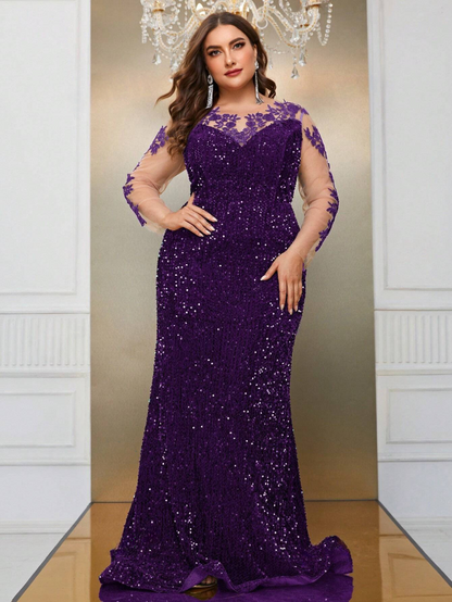 Plus Size Floral Applique Lace Mesh Sleeves and Sequin Detail Formal Dress, Prom, Wedding Guest