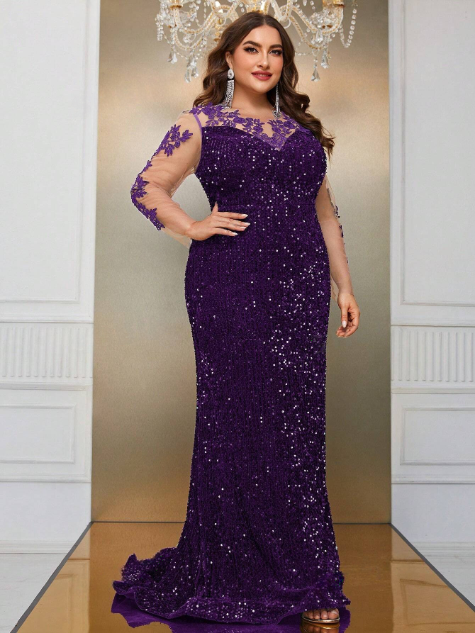 Plus Size Floral Applique Lace Mesh Sleeves and Sequin Detail Formal Dress, Prom, Wedding Guest