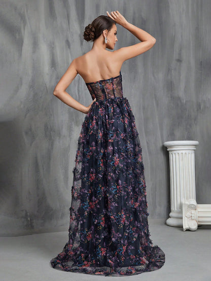 Exquisite Elegance: Floral Appliqué Mesh Strapless Formal Dress