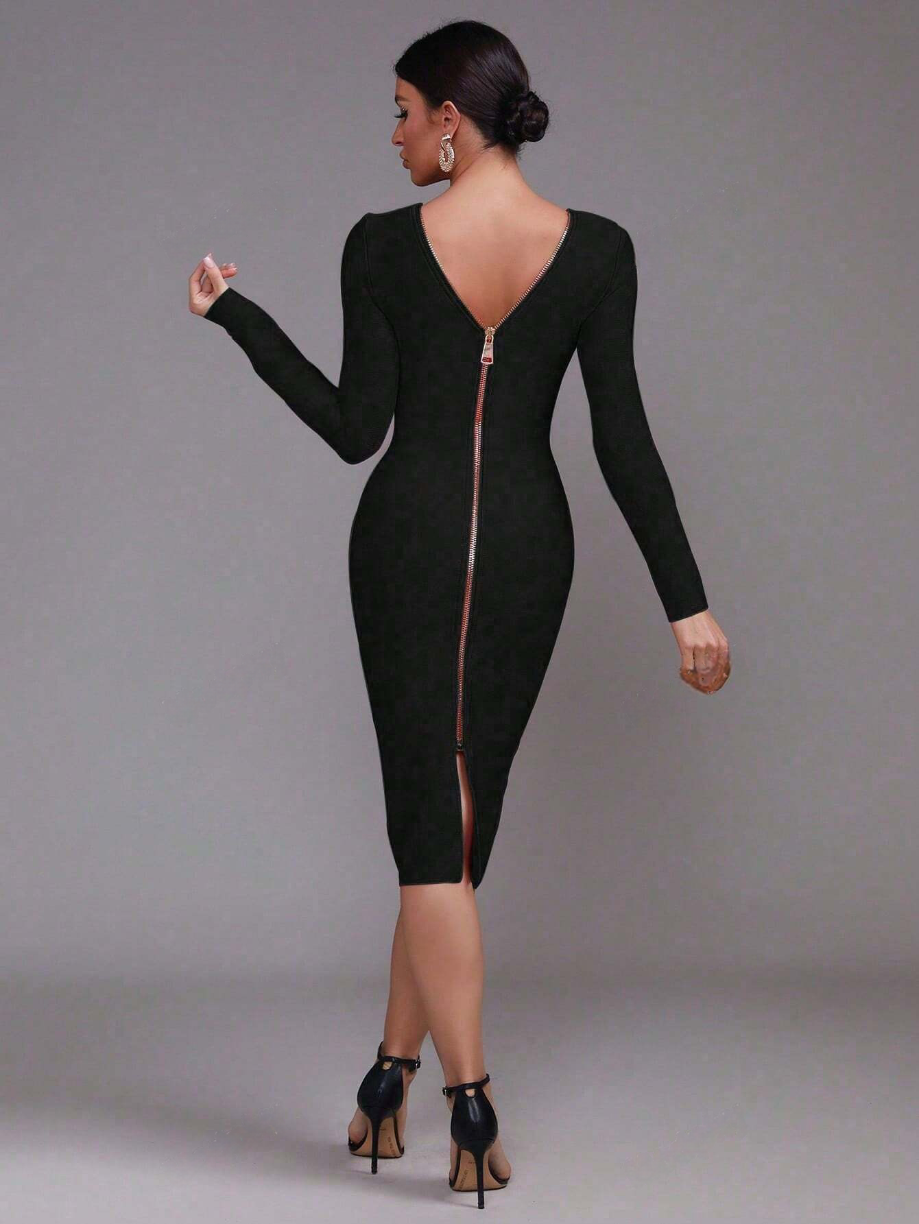 Classic Sexy Long Sleeve Back Zipper Bodycon Bandage Midi Dress - Free Shipping