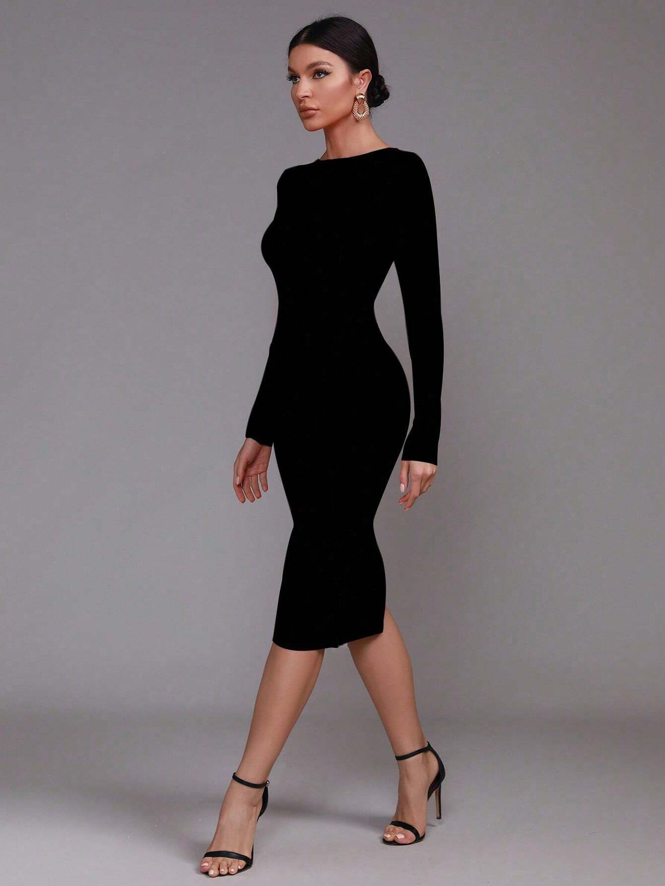 Classic Sexy Long Sleeve Back Zipper Bodycon Bandage Midi Dress - Free Shipping