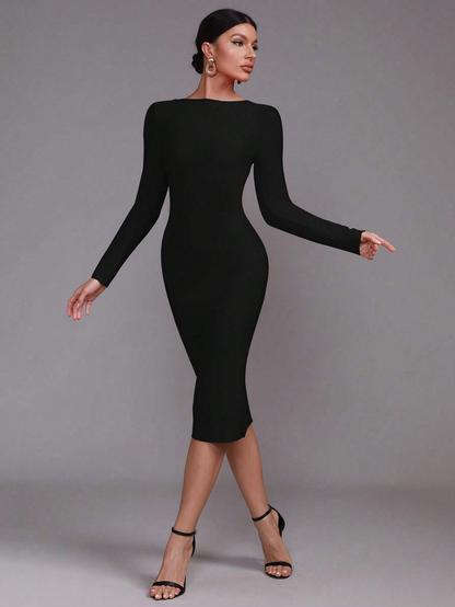 Classic Sexy Long Sleeve Back Zipper Bodycon Bandage Midi Dress - Free Shipping