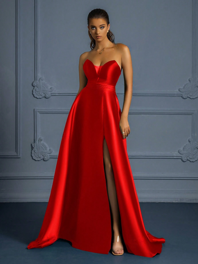 Stunning Elegance: Premium Strapless Formal Dress with Thigh-High Slit-Free Shipping