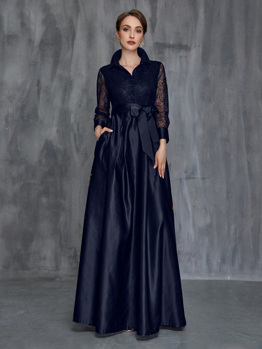 Elegant Navy Blue Lace Long Sleeves Belted Maxi Dress - Free Shipping