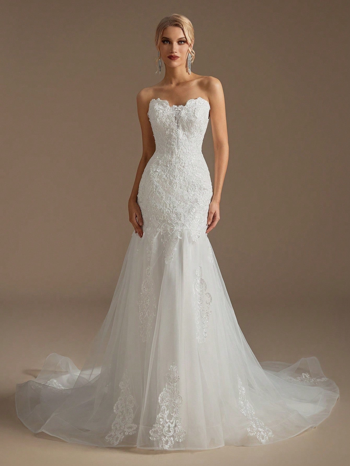 Elegant Strapless Mermaid Wedding Dress – Sequin Lace Applique Lace-Up Back with Chapel Train-Free Shipping