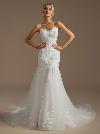 Elegant Strapless Mermaid Wedding Dress – Sequin Lace Applique Lace-Up Back with Chapel Train-Free Shipping