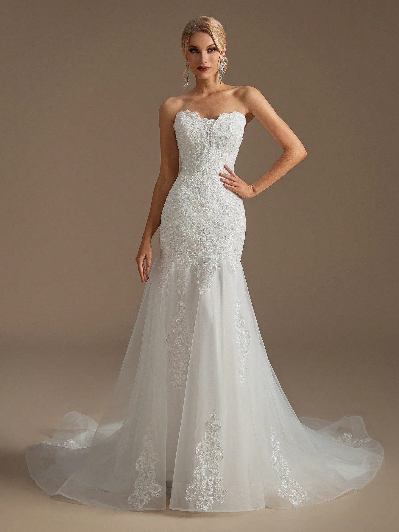 Elegant Strapless Mermaid Wedding Dress – Sequin Lace Applique Lace-Up Back with Chapel Train-Free Shipping