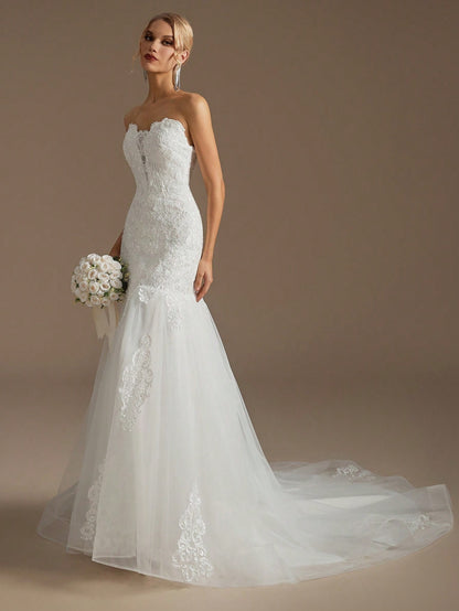 Elegant Strapless Mermaid Wedding Dress – Sequin Lace Applique Lace-Up Back with Chapel Train-Free Shipping