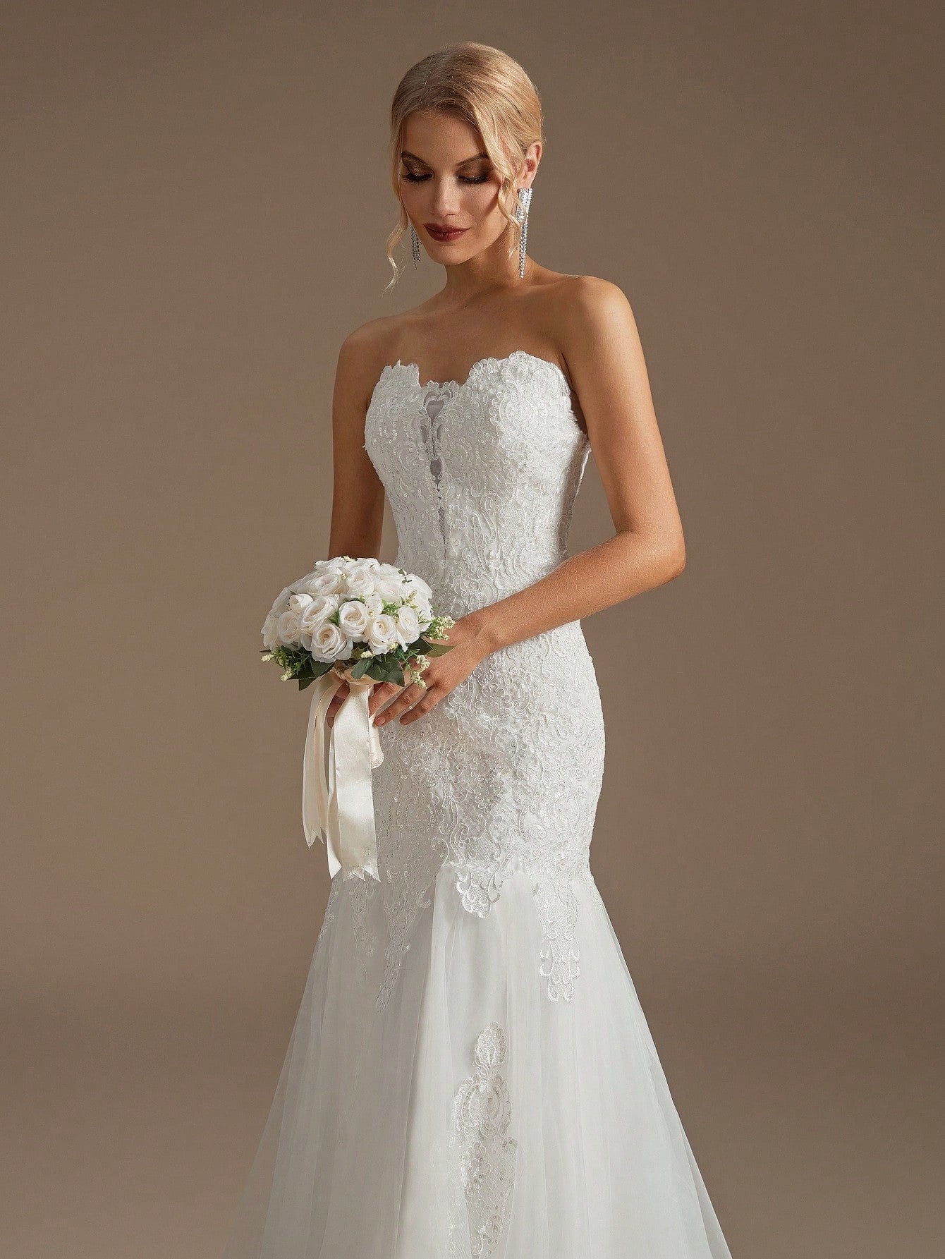 Elegant Strapless Mermaid Wedding Dress – Sequin Lace Applique Lace-Up Back with Chapel Train-Free Shipping