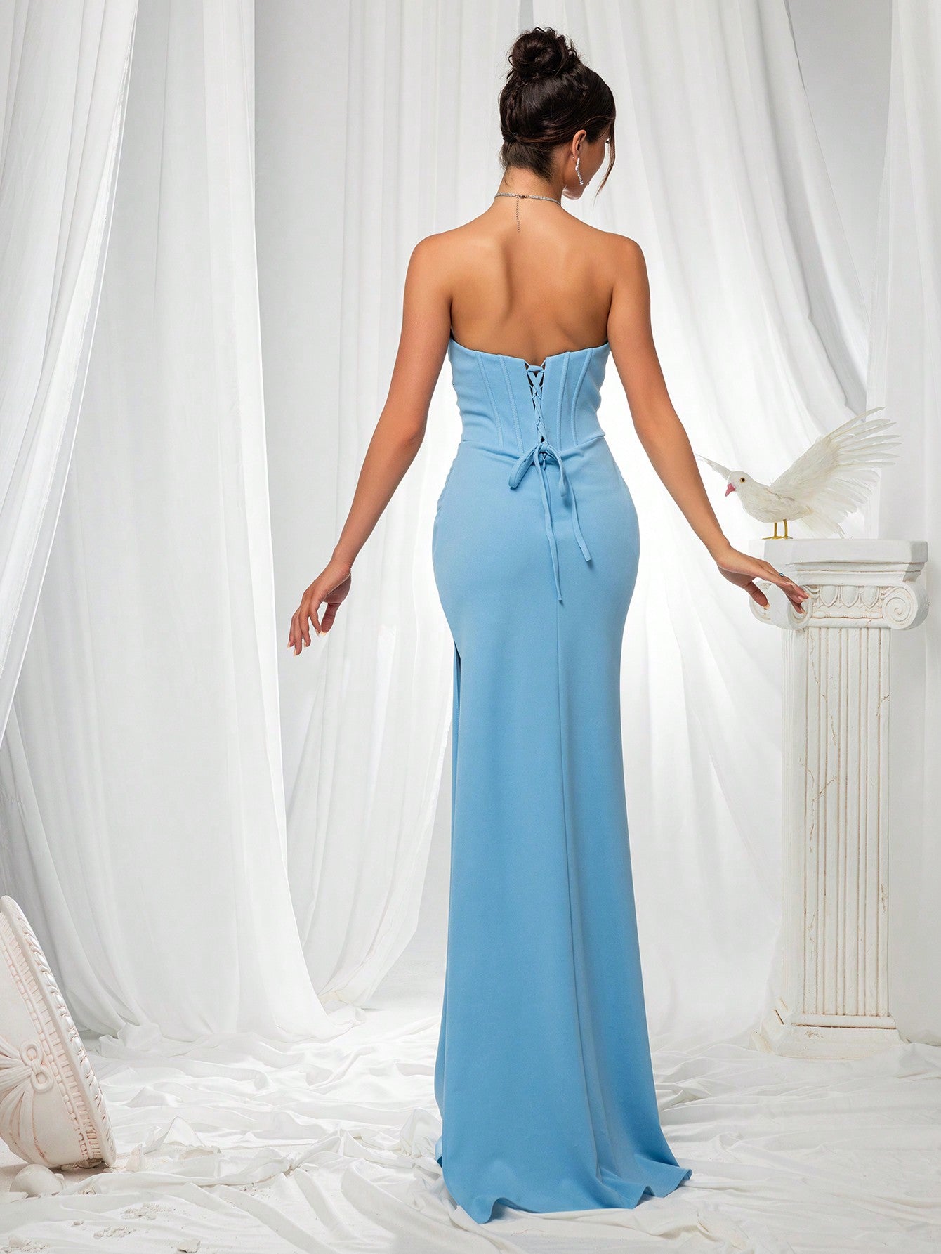 Elegant Strapless High Slit Solid Color Ruched Lace-Up Back Formal Bodycon Evening Gown-Free Shipping