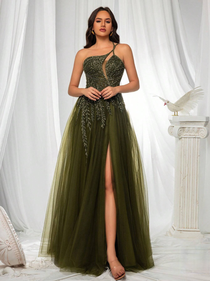 Elegant High Slit Sequin Maxi Dress One Shoulder Mesh Panel Gown-Free Shipping