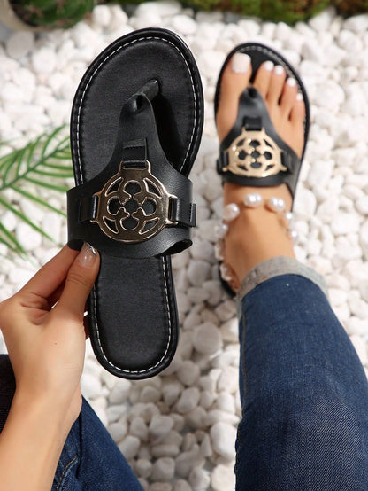 Effortless Chic Metal Emblem Flat Sandals-Free Shipping