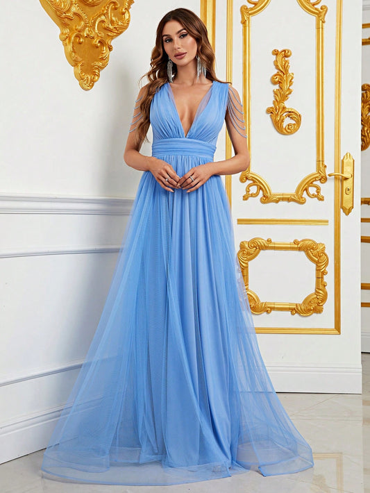 Stunning Plunging V-Neckline Flowing Tulle Skirt Maxi Full-Length Gown-Free shipping