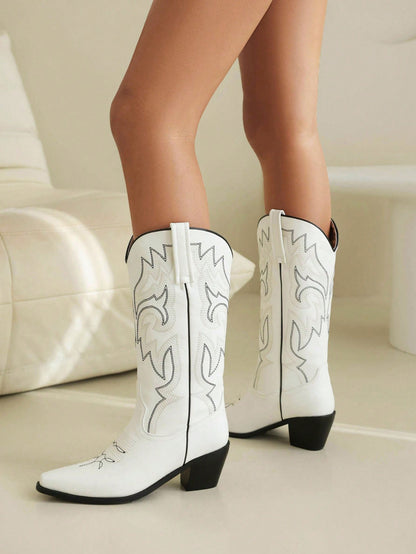 Stylish Women's Classic Mid Calf Cowboy Boots – Embroidered Pointed Toe Pull On Western Shoes-Free Shipping