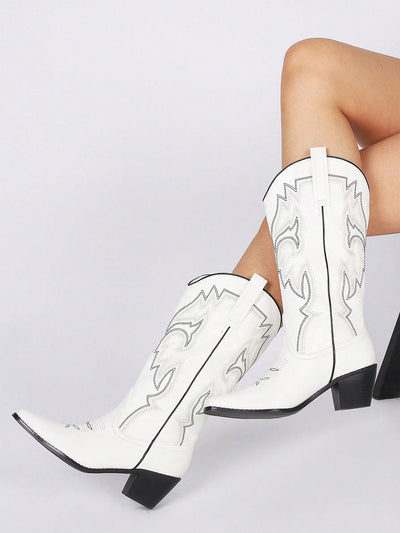 Stylish Women's Classic Mid Calf Cowboy Boots – Embroidered Pointed Toe Pull On Western Shoes-Free Shipping