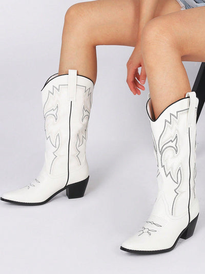 Stylish Women's Classic Mid Calf Cowboy Boots – Embroidered Pointed Toe Pull On Western Shoes-Free Shipping