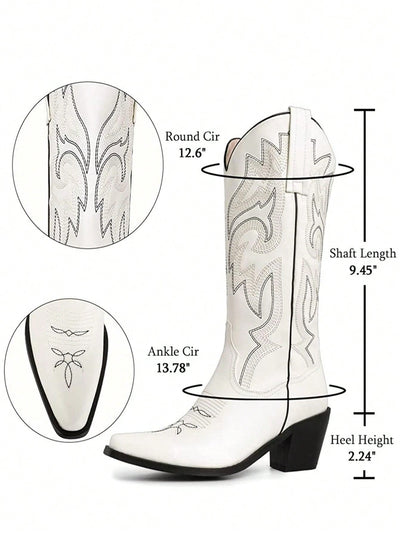 Stylish Women's Classic Mid Calf Cowboy Boots – Embroidered Pointed Toe Pull On Western Shoes-Free Shipping