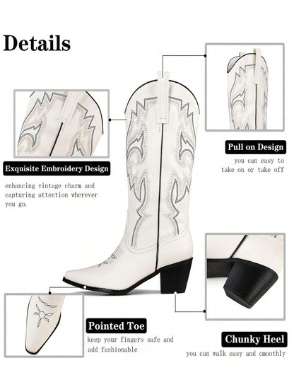 Stylish Women's Classic Mid Calf Cowboy Boots – Embroidered Pointed Toe Pull On Western Shoes-Free Shipping