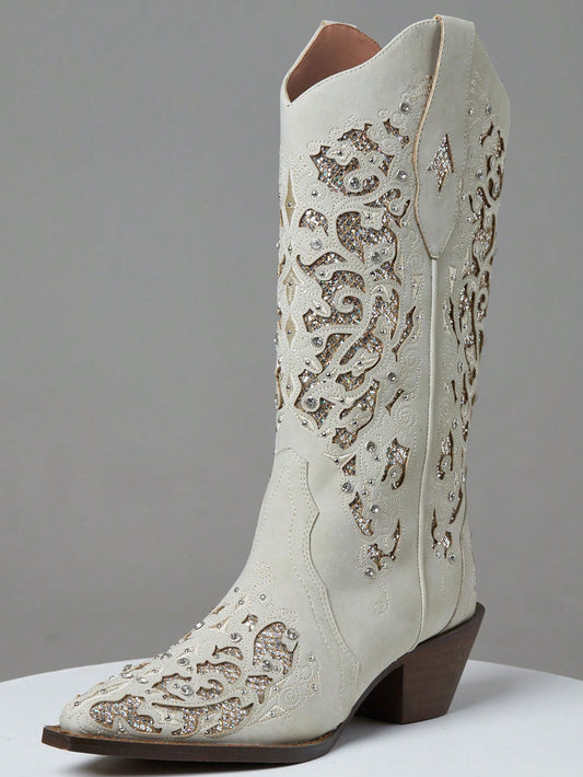 Rhinestone Western Cowgirl Boots – Women’s Chunky Heel Pull On Pointed Toe Embroidered Shoes-Free Shipping