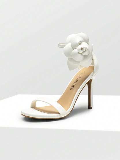 Floral Elegance: Women's High Heels Sandals with Flower Decor & Ankle Strap