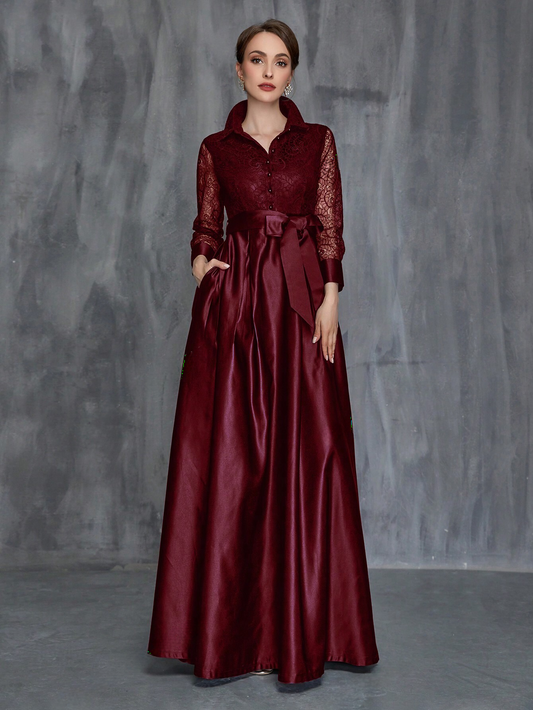 Elegant Burgundy Lace Long Sleeves Belted Maxi Dress - Free Shipping