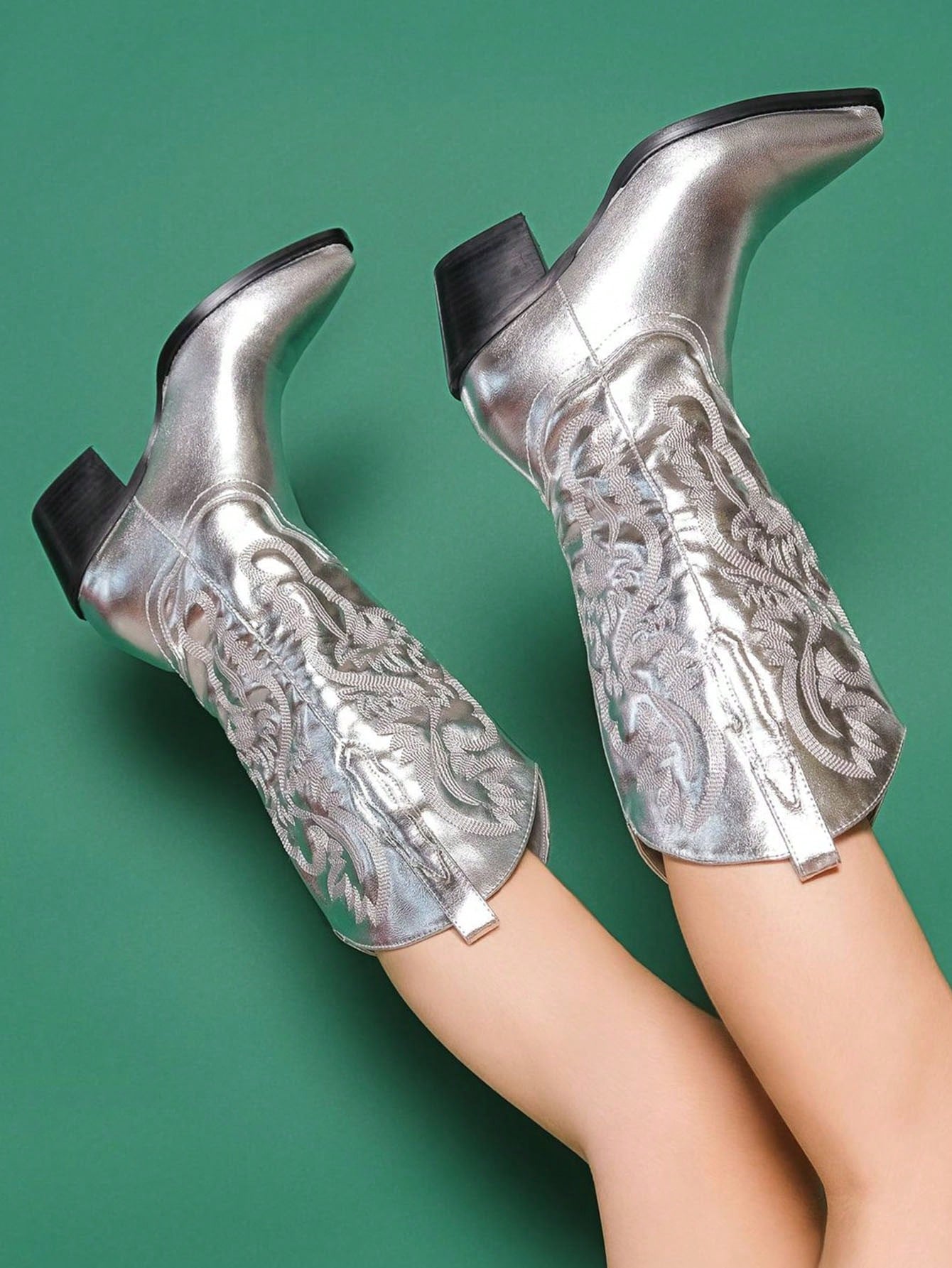 Women’s Metallic Embroidered Cowgirl Boots – Mid Calf Western Chunky Heel Pointed Toe Pull On-Free Shipping