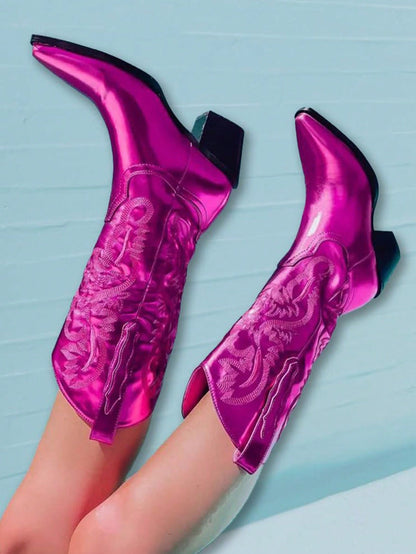 Women’s Metallic Embroidered Cowgirl Boots – Mid Calf Western Chunky Heel Pointed Toe Pull On-Free Shipping