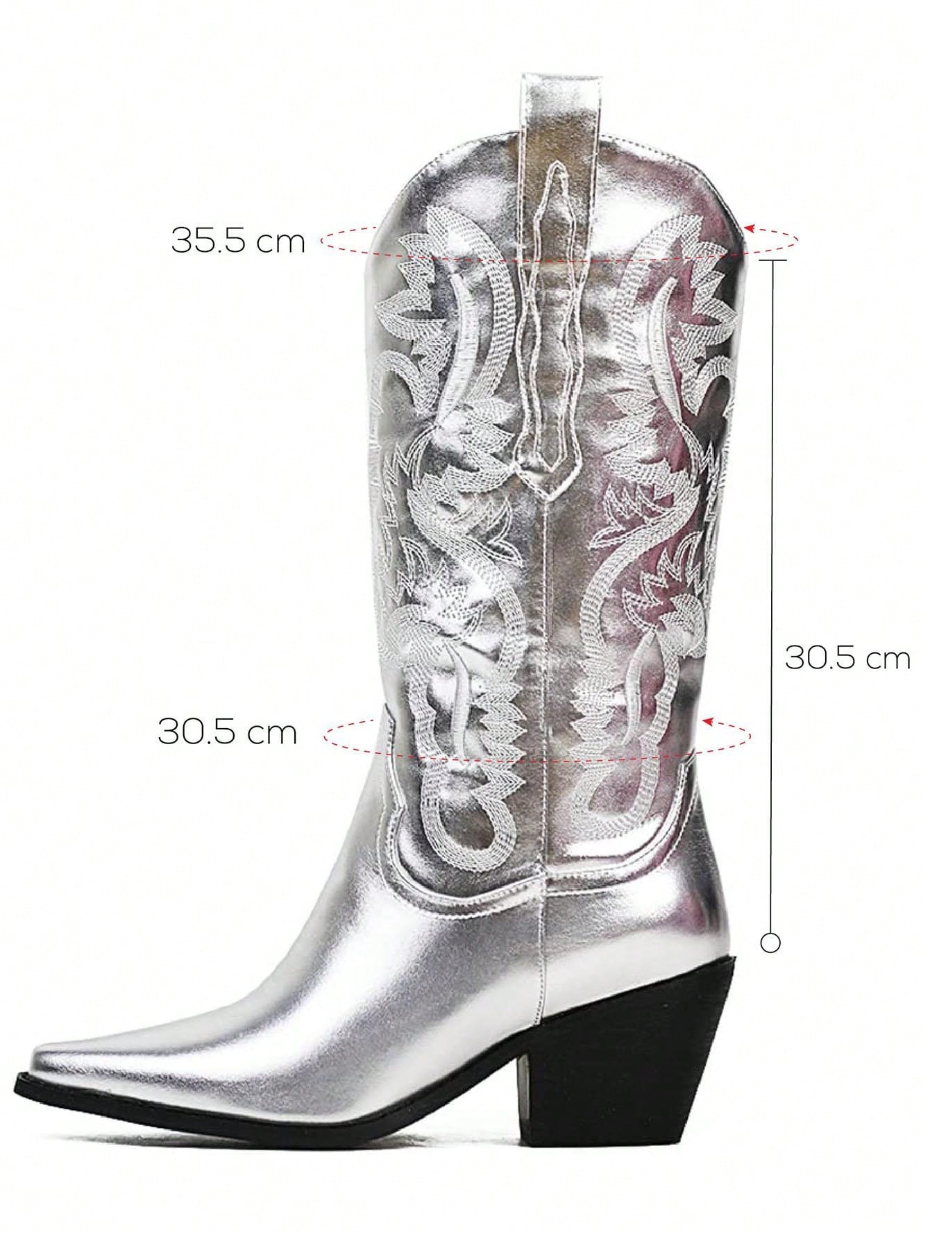 Women’s Metallic Embroidered Cowgirl Boots – Mid Calf Western Chunky Heel Pointed Toe Pull On-Free Shipping