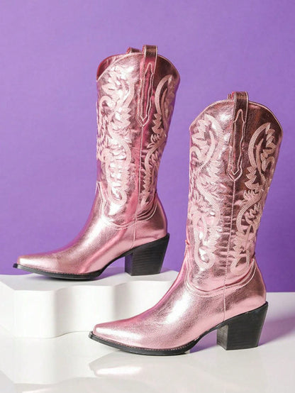 Women’s Metallic Embroidered Cowgirl Boots – Mid Calf Western Chunky Heel Pointed Toe Pull On-Free Shipping