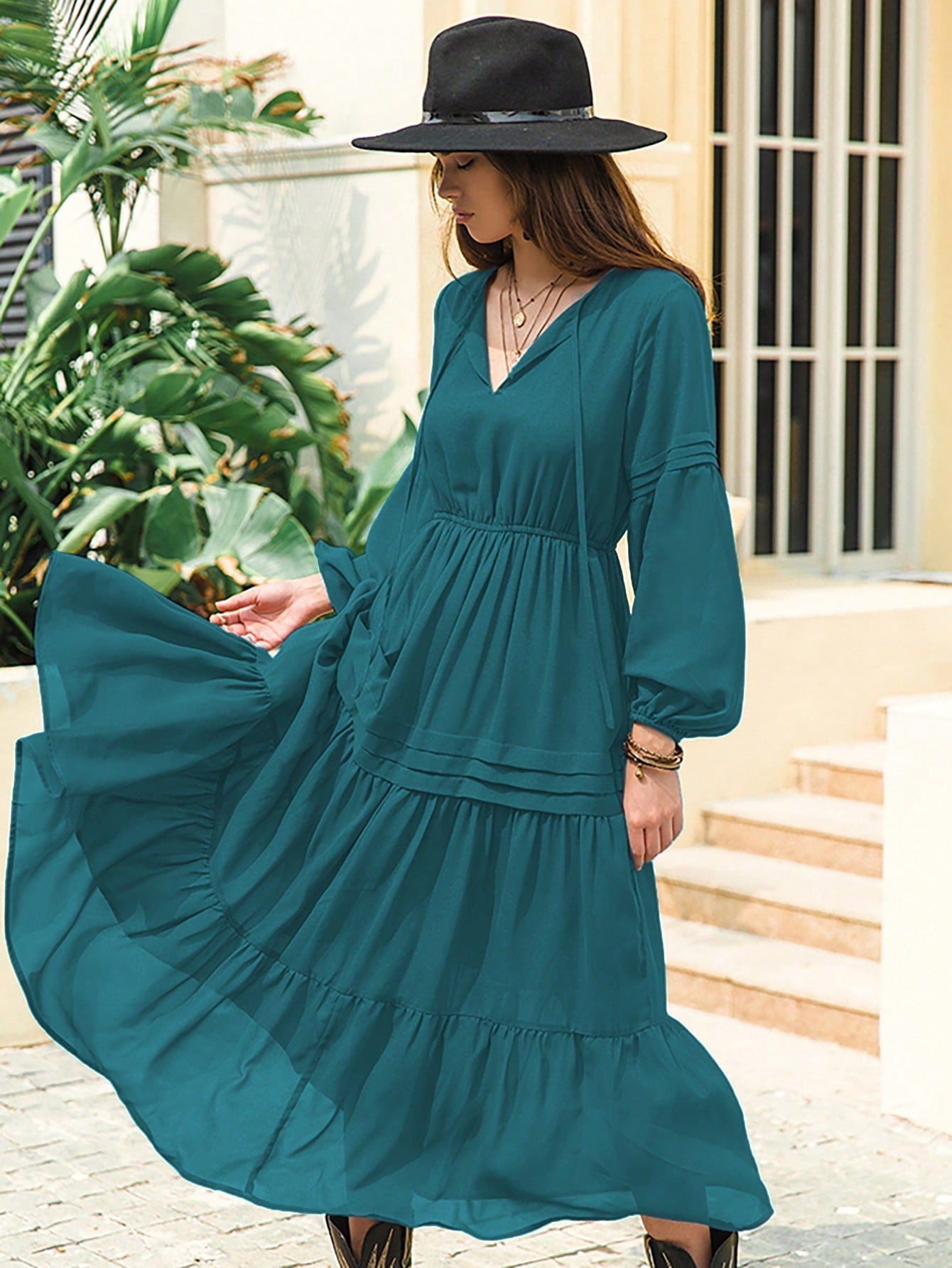 Flowy Chiffon Lantern Sleeve Dress with V-Neck and Ruffled Hemline - Feminine High-Waist Fit