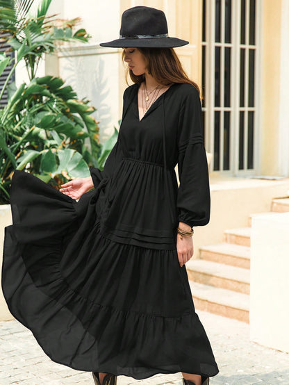 Flowy Chiffon Lantern Sleeve Dress with V-Neck and Ruffled Hemline - Feminine High-Waist Fit