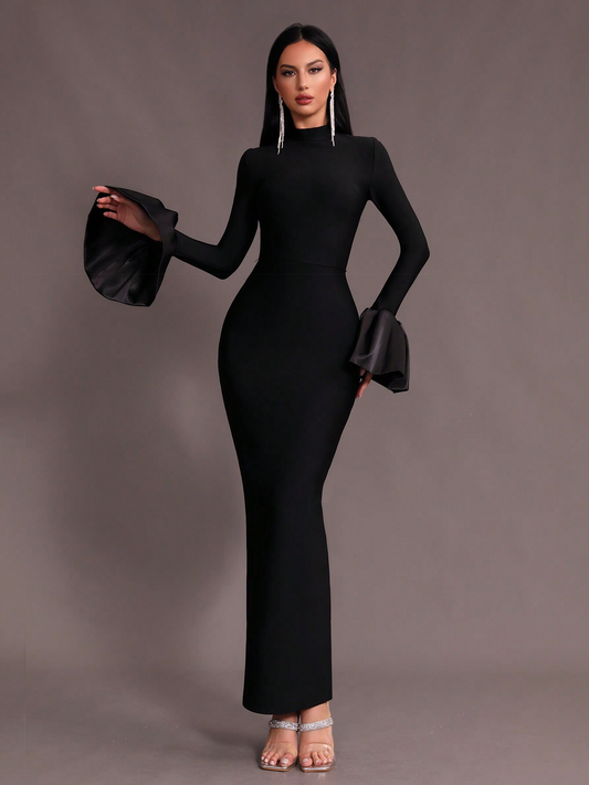 Elegant Black Mermaid Bodycon Bell Sleeves Stand Collar Long Dress - Free Shipping