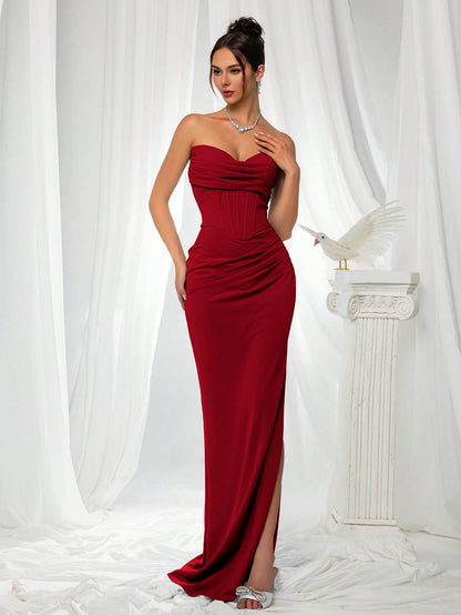 Elegant Strapless High Slit Solid Color Ruched Lace-Up Back Formal Bodycon Evening Gown-Free Shipping