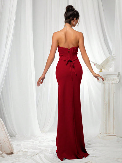 Elegant Strapless High Slit Solid Color Ruched Lace-Up Back Formal Bodycon Evening Gown-Free Shipping